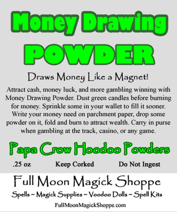 Money Drawing Hoodoo Powder attracts cash, makes gambling winning energy, and causes windfalls.